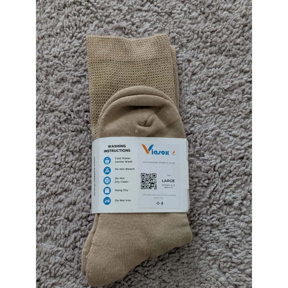 Viasox Easystretch Diabetic Socks Tan Large Mens 9-12 Womens 10-13 Knee High NWT